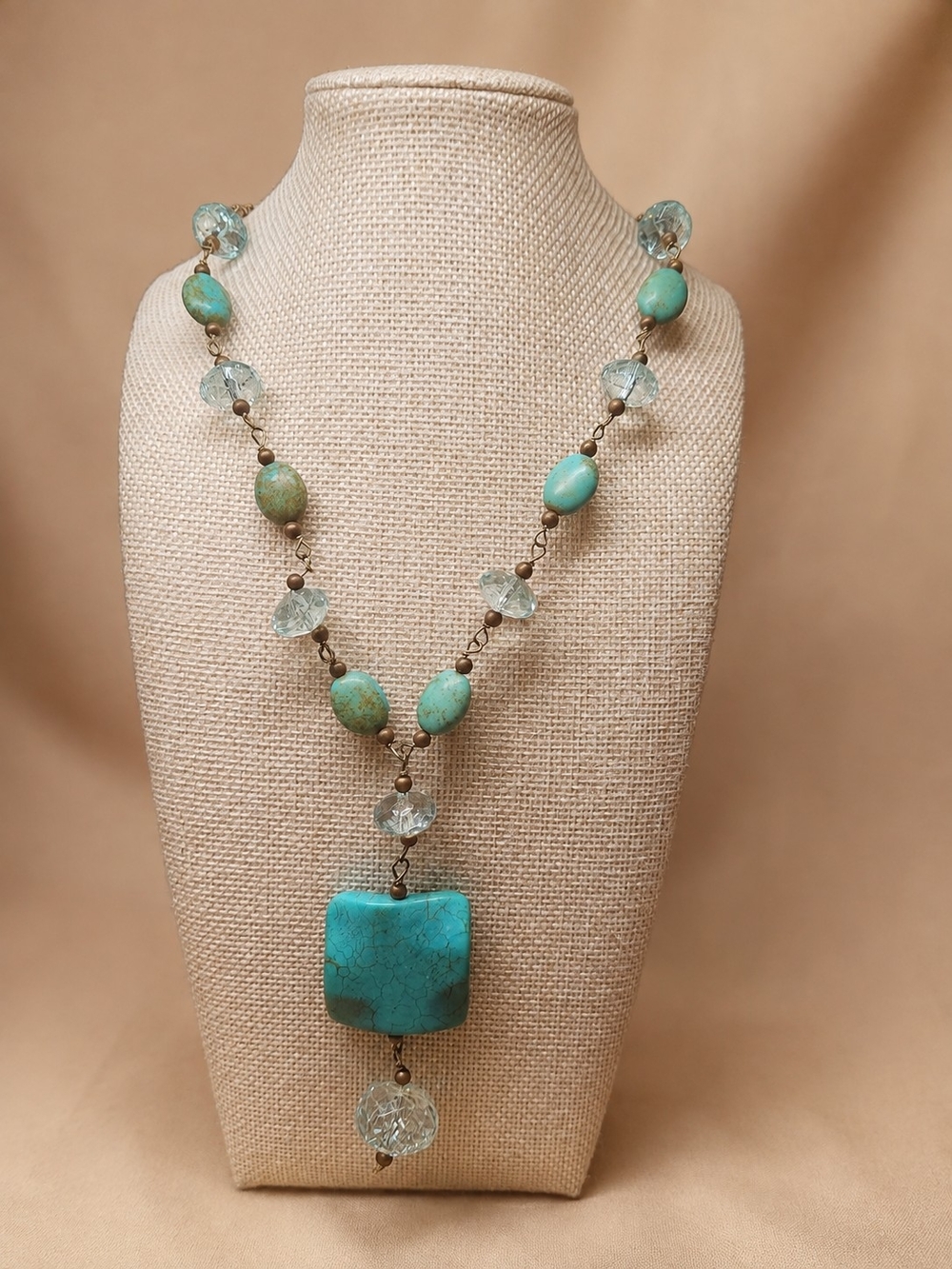 Artisan Genuine Turquoise Statement Necklace 24” Copper Tone